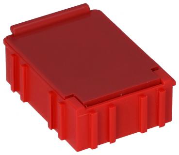 Das Bild zeigt eine rechteckige, leuchtend rote Box mit geraden Kanten. Sie hat eine Klappe an der Oberseite und ist mit Rillen an den Seiten versehen. Die Box ist stabil und kompakt.