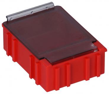 Das Bild zeigt eine rechteckige, rotfarbige Box mit einem transparenten Deckel. Die Box hat seitliche Rillen und wirkt stabil, ideal für die Aufbewahrung kleinerer Gegenstände.