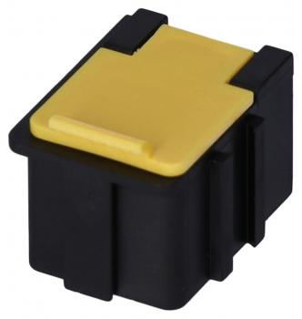 The image shows a small type of electrical connector. It has a black casing and a yellow top with a flat tab. The shape is compact and square.