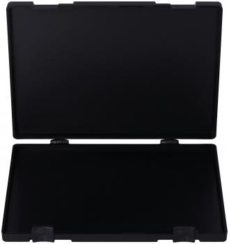 The image shows a black, open suitcase with two flaps. The insides are also black and flat. The flaps are attached to hinges. The suitcase has four feet.