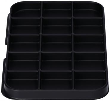 Das Bild zeigt ein schwarzes Tablett mit mehreren rechteckigen Fächern. Es hat 16 vertikale und horizontale Unterteilungen, die kleine Bereiche für die Aufbewahrung bieten.