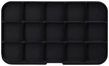 The image displays a rectangular, flat tray in black, divided into 15 equal square compartments. The corners are rounded. It appears simple and functional.