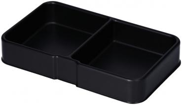 Das Bild zeigt eine schwarze, rechteckige Box mit zwei Fächern. Sie hat gerade Kanten und eine glatte Oberfläche, ideal für die Aufbewahrung von Lebensmitteln oder Snacks.