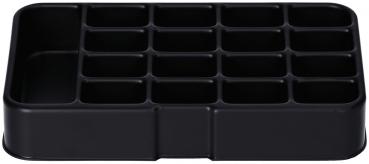 Das Bild zeigt einen schwarzen Organizer mit mehreren Fächern. Er hat insgesamt 16 rechteckige Unterteilungen, die gleichmäßig angeordnet sind, und eine größere Fläche auf der linken Seite.