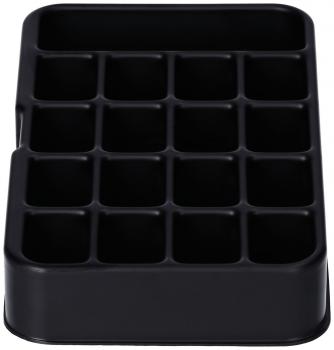 Das Bild zeigt eine schwarze, rechteckige Box mit 16 gleichmäßig angeordneten Fächern. Die Fächer sind quadratisch und gleich groß, ideal für die Aufbewahrung von kleinen Gegenständen.