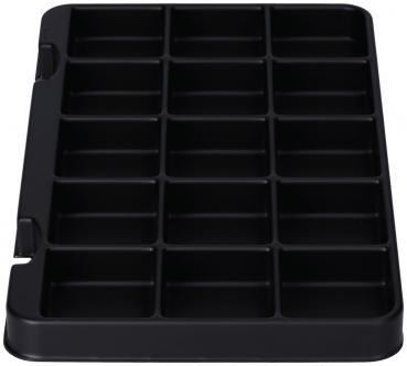 Das Bild zeigt ein flaches, schwarzes Kunststofftablett mit 20 gleichmäßig verteilten Fächern, ideal für die Aufbewahrung von kleinen Gegenständen oder Bastelmaterialien.