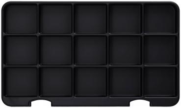 Das Bild zeigt ein schwarzes Tablett mit 16 gleichmäßigen, quadratischen Fächern. Es hat eine flache, rechteckige Form und ist ohne Verzierung oder Muster.