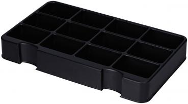 Das Bild zeigt einen schwarzen Organizer mit 12 Fächern. Die Fächer sind gleichmäßig angeordnet und bieten Platz für die Aufbewahrung kleiner Gegenstände. Die Oberfläche ist glatt.