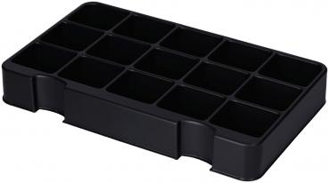 Das Bild zeigt einen rechteckigen, schwarzen Organizer mit 16 Fächern. Die Fächer sind in einem 4x4-Raster angeordnet, ideal für die Aufbewahrung kleiner Gegenstände.