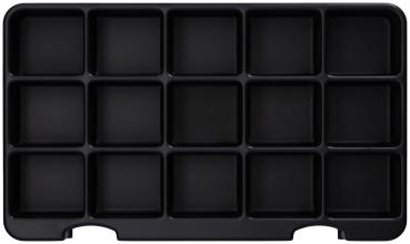 The image displays a simple, black tray with 15 rectangular compartments, evenly arranged. It has rounded corners and a flat surface.