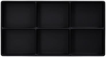 The image shows a rectangular, black tray divided into six equal compartments. The surface is smooth and uncoated. It is designed to be simple and functional.