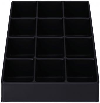 Das Bild zeigt eine schwarze, rechteckige Box mit 12 gleich großen Fächern. Die Fächer sind angeordnet in 3 Reihen und 4 Spalten, ideal für die Aufbewahrung kleiner Gegenstände.
