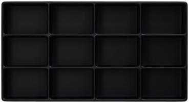 The image displays a rectangular tray with twelve equal-sized rectangular compartments. The entire tray is black and features a smooth surface.