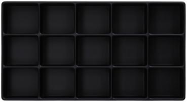 The image displays a black tray with 16 equal-sized square compartments, arranged in four rows and four columns. It has a smooth surface and straight edges.