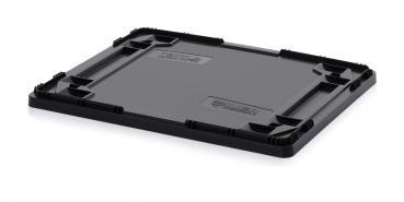 The image shows a black, rectangular tray with raised edges and corners. The surface is smooth, and there are small indentations on the sides for stability.