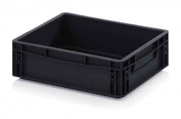Das Bild zeigt eine rechteckige, schwarze Kunststoffbox ohne Deckel. Sie hat zwei seitliche Griffe und wirkt stabil. Die Wände sind glatt und die Ecken sind leicht abgerundet.