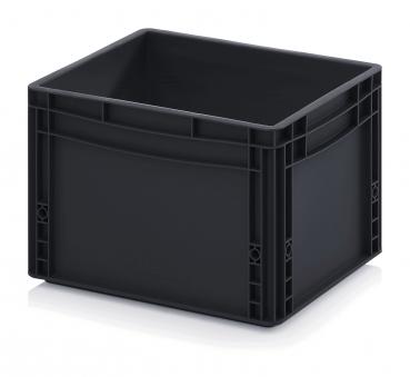 Das Bild zeigt eine quadratische, schwarze Kunststoffbox. Sie hat hohe Wände, ist stabil und hat an den Seiten praktische Griffe. Die Oberfläche ist glatt und hat sichtbare Ecken.