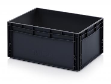 Das Bild zeigt eine rechteckige, schwarze Kunststoffbox. Sie hat eine glatte Oberfläche, keine Deckel und Grifföffnungen an den kurzen Seiten für das Tragen. Ideal zum Verstauen von Gegenständen.