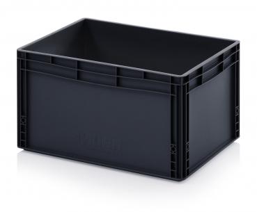 Das Bild zeigt eine schwarze, rechteckige Kunststoffbox ohne Deckel. Sie hat stabile Wände und ein schlichtes Design, ideal zur Aufbewahrung von Gegenständen.