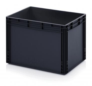 Die Abbildung zeigt eine rechteckige, schwarze Plastikbox. Sie hat glatte Wände, eine offene Oberseite und ist stabil. Die Ecken sind leicht abgerundet, der Boden ist flach.