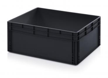 The image shows a black, rectangular plastic crate with high sides. It has a sturdy, smooth surface and is likely stackable. The crate is empty.