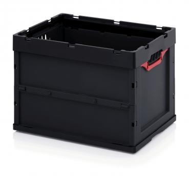 Die Abbildung zeigt eine rechteckige, schwarze Kunststoffbox ohne Deckel. An den kurzen Seiten sind rote Griffe angebracht. Die Wände sind stabil und leicht strukturiert.