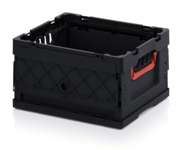 The image shows a black plastic box with open sides and a red-orange handle. The box has a diamond-shaped pattern on the sides and is stackable.