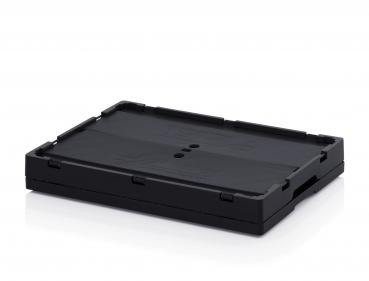Das Bild zeigt eine rechteckige, flache schwarze Box mit einer strukturierten Oberfläche. An den Seiten befinden sich Befestigungselemente, die eine sichere Handhabung ermöglichen.