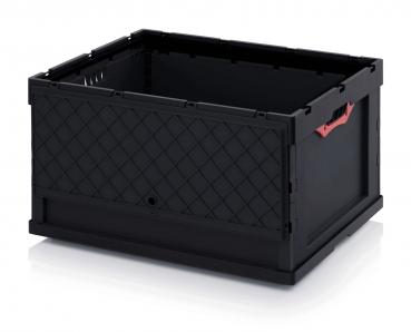 It is a black plastic box with an open, rectangular design. The sides are adorned with a diamond-shaped pattern, one side features red handles. There are ventilated openings on both sides.