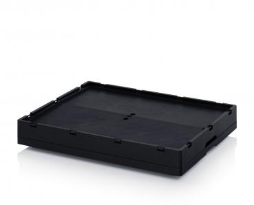 The image shows a black, rectangular plastic box with slightly raised edges. The surface is smooth and the corners are slightly rounded. It appears sturdy and versatile.