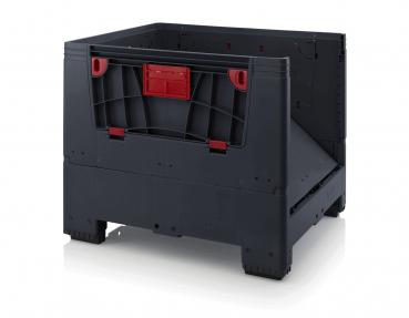 It is a rectangular, black plastic box with red handles and openings on the sides. It appears sturdy and has a textured surface.