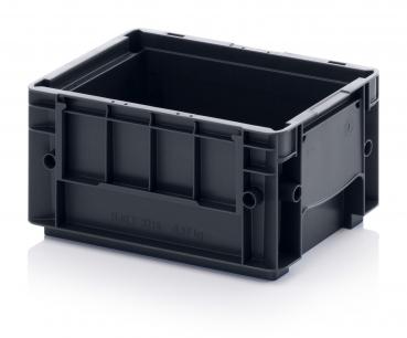 It is a black plastic box without a lid. It has a rectangular shape, is sturdy, and has side handles as well as several vertical grooves on the walls.