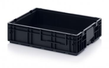 Das Bild zeigt eine rechteckige, schwarze Kunststoffbox ohne Deckel. Sie hat glatte Wände und ist stabil, mit kleinen Rillen für zusätzlichen Halt. Ideal zum Verstauen von Gegenständen.