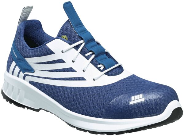 It is a blue sports shoe with white stripes. The shoe features a breathable upper and a flexible sole. The lacing is elastic, making it easier to put on.