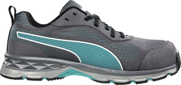 The shoe is a sporty sneaker in black with gray and turquoise accents. It features a breathable upper, flat laces, and a textured sole for good grip.