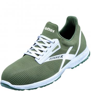 The shoe is a lightweight, sporty sneaker in olive green. It has white laces and the logos "atlas" and "RUNNER" are visible. The sole is sturdy and features green elements.
