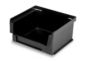 Das Bild zeigt eine schwarze, quadratische Kunststoffbox ohne Deckel. Sie hat eine flache, offene Oberseite und leicht erhöhte Seitenwände. Die Kanten sind gerade und die Form ist schlicht.