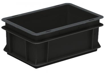 The image shows a rectangular, flat box made of sturdy gray plastic. It has a slightly raised edge and is open, without a lid. The edge is rounded.