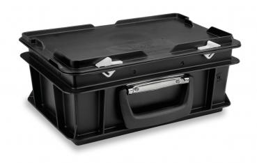 The image shows a black plastic box with a flat lid. It has two snap locks on the side and a sturdy, integrated handle.