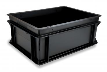 Es handelt sich um eine rechteckige, flache Kiste aus schwarzem Kunststoff. Sie hat hohe Seitenwände und einen offenen oberen Bereich, ideal zum Verstauen oder Transportieren von Gegenständen.