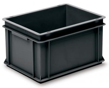 Das Bild zeigt eine rechteckige, schwarze Kunststoffbox ohne Deckel. Sie hat glatte Wände, abgerundete Ecken und einen stabilen Boden. Die Box ist praktisch zum Lagern oder Transportieren von Gegenständen.