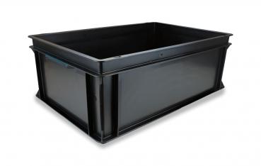 Das Bild zeigt eine rechteckige, schwarze Kunststoffbox mit hohen Wänden. Sie hat eine flache Bodenfläche und ist stabil, ideal zum Aufbewahren oder Transportieren von Gegenständen.