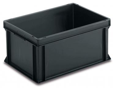 Das Bild zeigt eine rechteckige, schwarze Kunststoffbox ohne Deckel. Sie hat gerade Kanten und einen stabilen Boden, ideal für die Aufbewahrung von Gegenständen.