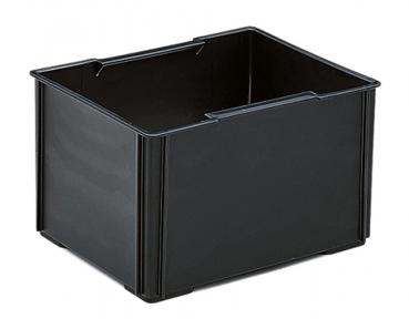 Das Bild zeigt eine schwarze, rechteckige Kunststoffbox ohne Deckel. Sie hat Grifföffnungen an den langen Seiten und ist robust mit geraden Wänden. Der Boden ist flach.