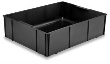 Das Bild zeigt eine rechteckige, schwarze Kunststoffbox ohne Deckel. Sie hat feste Wände und eine glatte, ebene Innenseite. Die Ecken sind leicht abgerundet.
