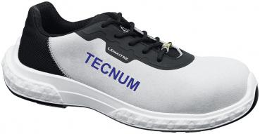 Das Bild zeigt einen Arbeitsschuh. Er hat eine graue und schwarze Färbung, ist sportlich geschnitten und hat eine verstärkte Zehenkappe. Auf der Seite steht das Wort "TECNUM".