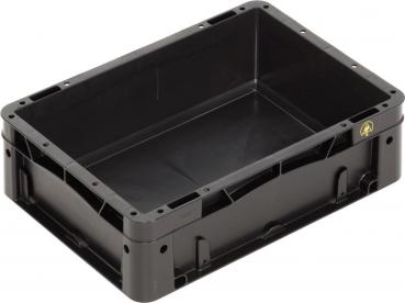 Es handelt sich um eine schwarze, rechteckige Kunststoffbox. Sie hat hohe Wände und eine offene Oberseite. Die Kanten sind abgerundet, und die Oberfläche ist glatt.