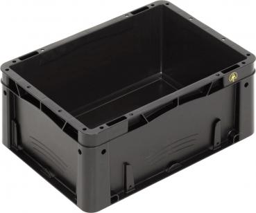 Es handelt sich um eine rechteckige, schwarze Kunststoffbox. Sie hat griffige Seitenwände und eine offene Oberseite. Die Ecken sind abgerundet, und die Struktur wirkt stabil und leicht.
