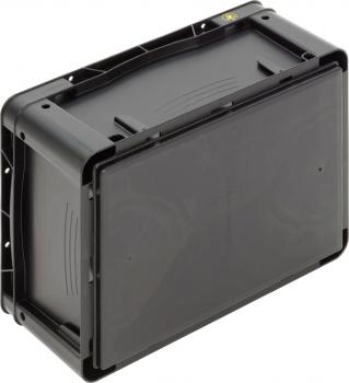 The image shows a black, rectangular plastic box with a smooth surface. It has slightly curved edges and is textured on the sides. The box appears sturdy and robust.
