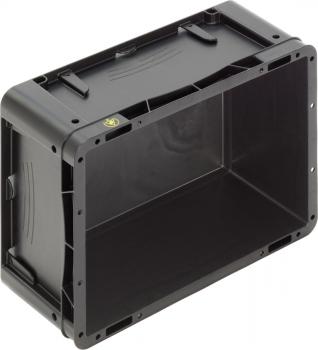 The image shows a black plastic box with a rectangular shape. It has an open front, a flat top, and is sturdily constructed, ideal for storing items.